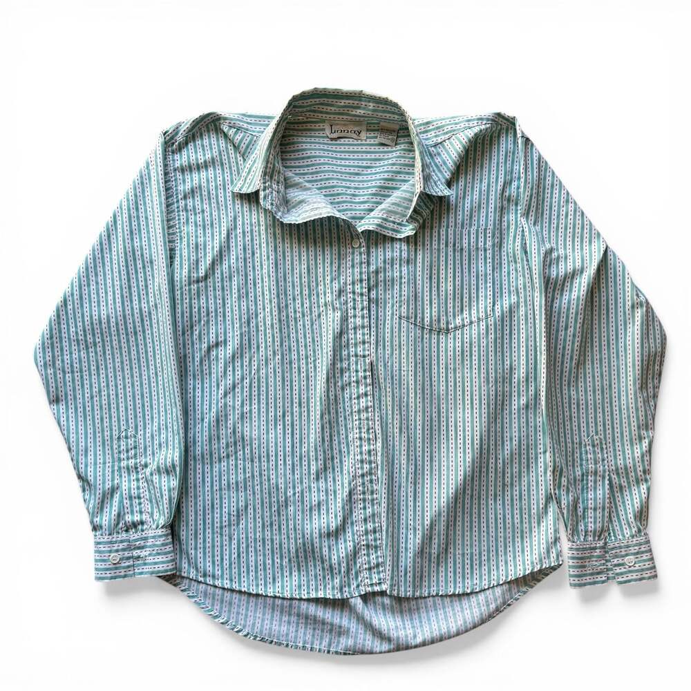 Vintage Linnay Green and White Striped Long Sleeve Button Up Shirt Size 10
